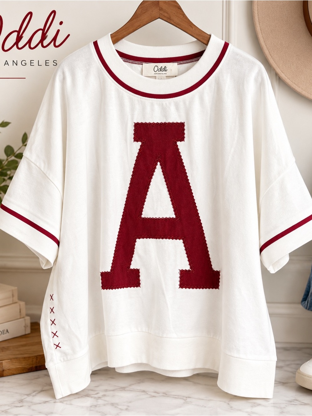 Oddi 3X Varsity A Appliqué Top Crimson Ivory Game Day Oversized